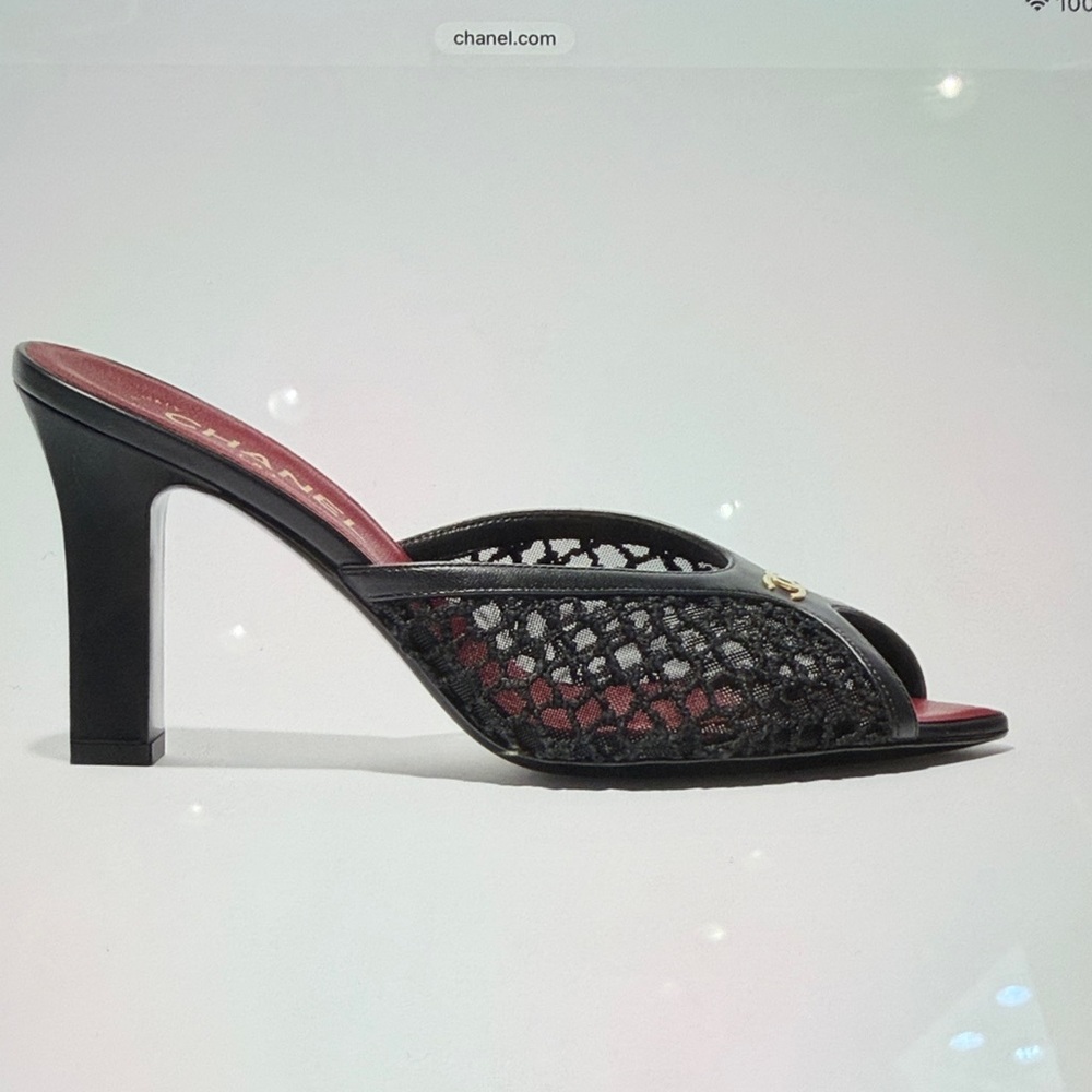 CHANEL Black Mesh Open-Toe Mule Heels with Burgundy Insole - Picture 2 of 5